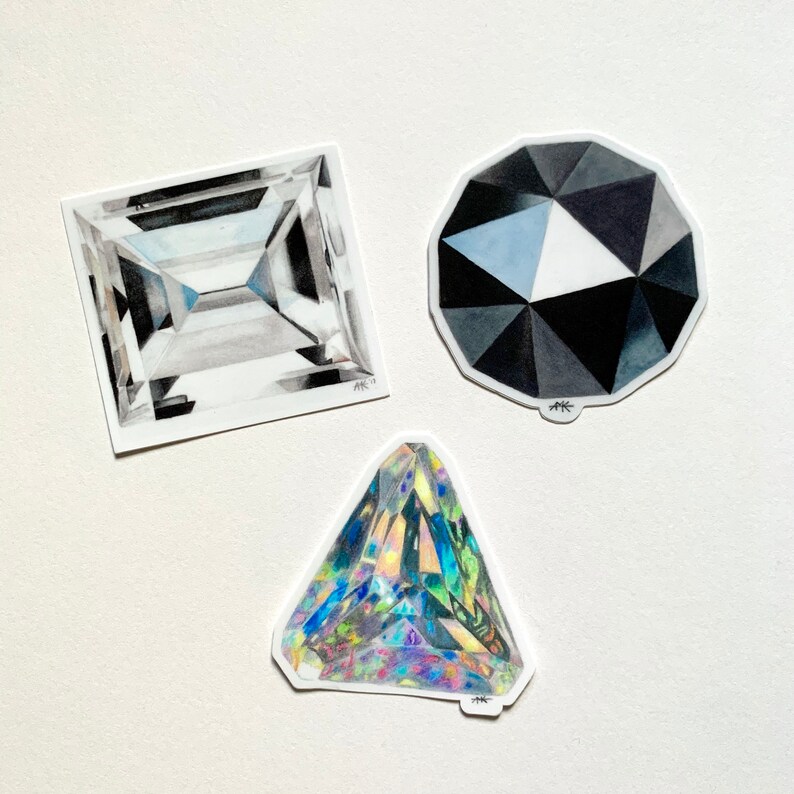 May include: Three hand-drawn illustrations of different gemstones. The first is a square-shaped diamond with a clear, faceted design. The second is a round, black diamond with a faceted design. The third is a triangular, iridescent gemstone with a faceted design.