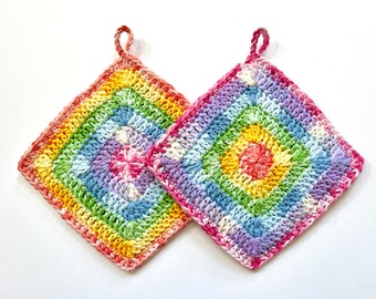 Set of 2 • Variegated Light Rainbow, Handmade, Double thick, Crochet Potholders