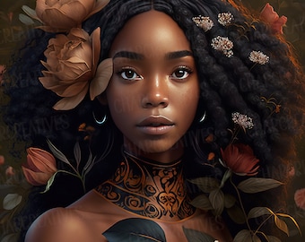 Beautiful Black Girl Png Black Girl Magic African American Woman Melanin Clipart Black Queen Sublimation Black Woman Floral Big Afro Hair