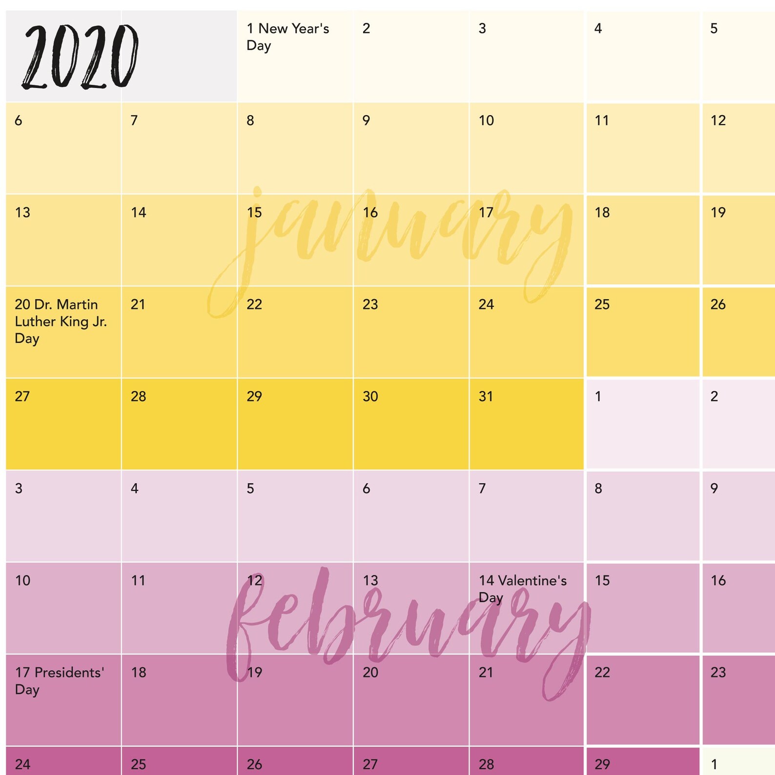 Jan-Dec 2020 Annual Calendar DIGITAL DOWNLOAD | Etsy