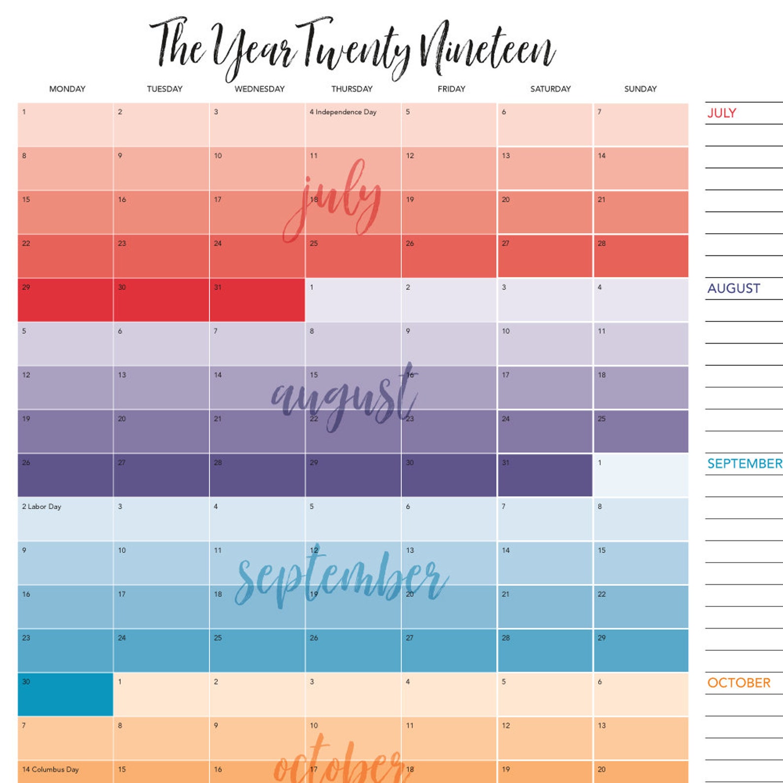 JULY-DEC 2019 6 Month Continuous Calendar | Etsy