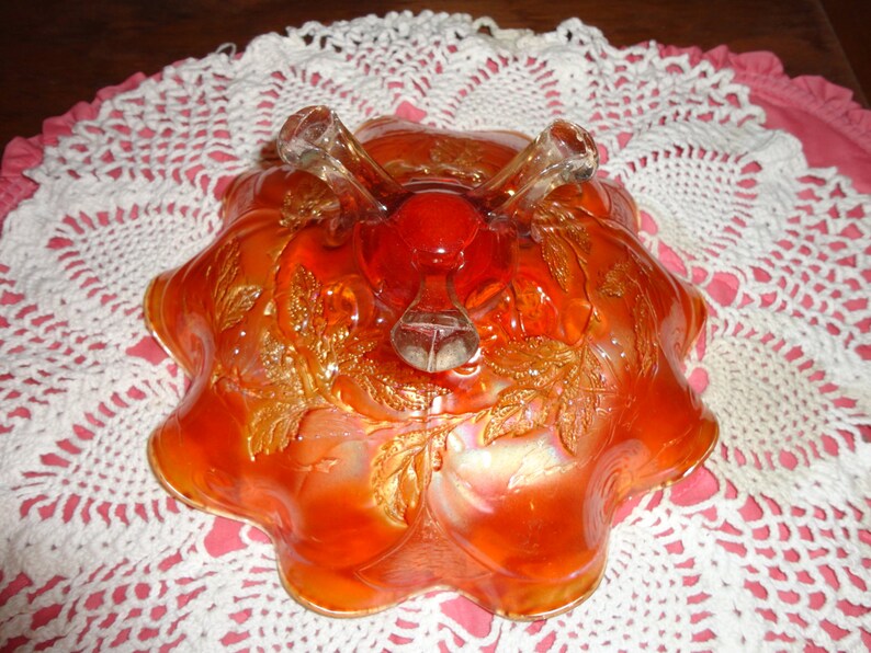 Antique CARNIVAL GLASS DUGAN Footed Ruffled Bowl Cherry | Etsy