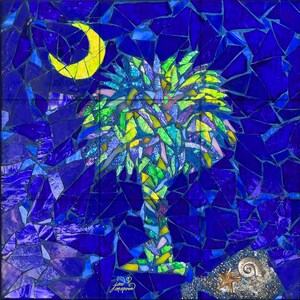 Palmetto Tree & Moon Mosaic Tile Mural, High Quality (won&#39;t fade), Indoor or Outdoor, Wall Tiles, Backsplash, Shower, Mosaic, Pool