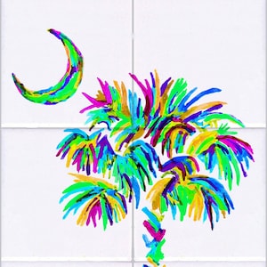 May include: A colorful, abstract painting of a palm tree with a crescent moon in the upper left corner. The painting is done in a variety of bright colors, including pink, purple, blue, green, and yellow. The artist's signature is in the lower right corner.