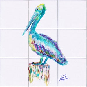 May include: A watercolor painting of a pelican standing on a wooden post. The pelican is painted in shades of blue, green, purple, and yellow. The post is painted in shades of brown, green, and blue. The artist's signature is in the bottom right corner.