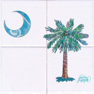 May include: A white tile with a blue crescent moon and a green palm tree with a brown trunk. The tile has the text "jan♡marvin" in blue cursive writing.