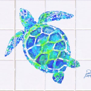May include: A watercolor painting of a blue and green sea turtle on a white tiled background. The turtle is swimming with its head turned to the left. The artist's signature, "Jan MacPerrin", is in the bottom right corner.