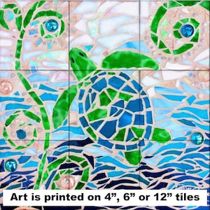 May include: A mosaic tile art print of a green sea turtle swimming in blue water. The art is printed on 4", 6", or 12" tiles.