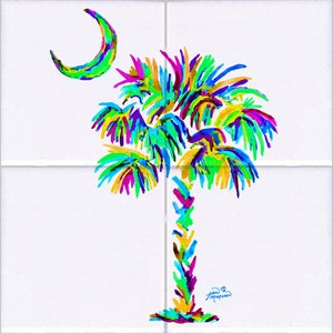 Palmetto Tree & Moon Turquoise Tile Mural High Quality 12 x 12 inches