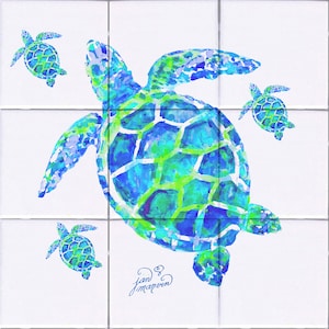 May include: A watercolor painting of four sea turtles on a white background. The largest turtle is in the center of the image and is facing to the right. The other three turtles are smaller and are scattered around the large turtle. The turtles are painted in shades of blue, green, and white.