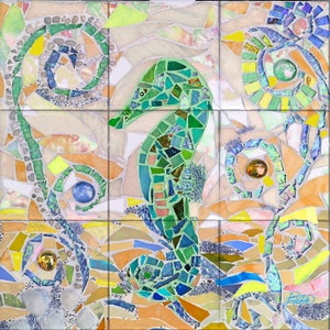 Seahorse Mosaic Tile Mural, GREEN, High Quality (won&#39;t fade), Indoor or Outdoor, Wall Tiles, Backsplash, Shower, Mosaic