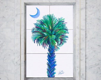 Palm Tree at Night Outline Tile Mural, High Quality (won't fade), Indoor or Outdoor, Wall Tiles, Backsplash, Shower, Kitchen