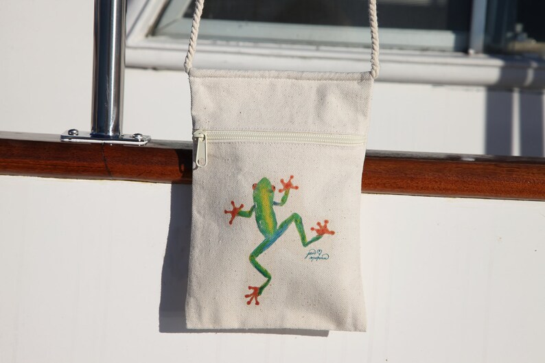 by Jan Marvin Red Eyed Tree Frog Cell Phone Purse with zipper coin bag tote Cotton Canvas FREE starfish pendant