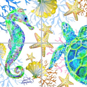 May include: A watercolor painting of a seahorse and a sea turtle with starfish and seashells on a white background. The seahorse is green and blue with purple accents. The sea turtle is blue and green with a yellow shell. The starfish are yellow and the seashells are white and yellow.