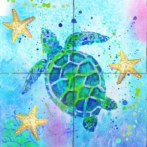 May include: A watercolor painting of a green sea turtle swimming in blue water with yellow starfish. The turtle has a blue and green shell with a white outline. The background is a light blue with white and green splatters.