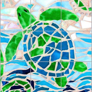 May include: A mosaic tile design featuring a sea turtle. The turtle is composed of green and blue tiles, set against a background of light blue and white tiles, with a grid pattern. The overall theme is aquatic.