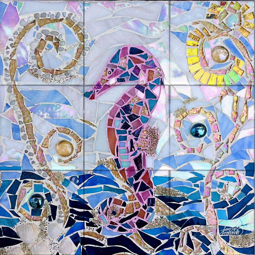 Seahorse Mosaic Tile Mural, High Quality won't Fade, Indoor or Outdoor