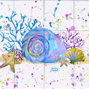 May include: A watercolor painting of a seashell, coral, and starfish on a white background with colorful paint splatters. The seashell is blue and purple with a spiral pattern. The coral is pink and purple. The starfish is yellow. The paint splatters are in various colors, including red, yellow, green, blue, and purple.