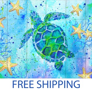 May include: A watercolor painting of a sea turtle swimming in a blue ocean with yellow starfish and coral. The turtle is green and blue with a detailed shell. The background is a light blue with white dots.