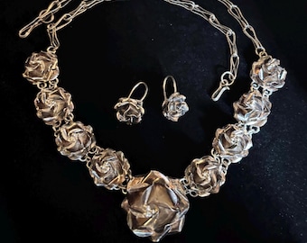 Vintage TAXCO Sterling Silver Rose Blossom Mexican Necklace and Earrings