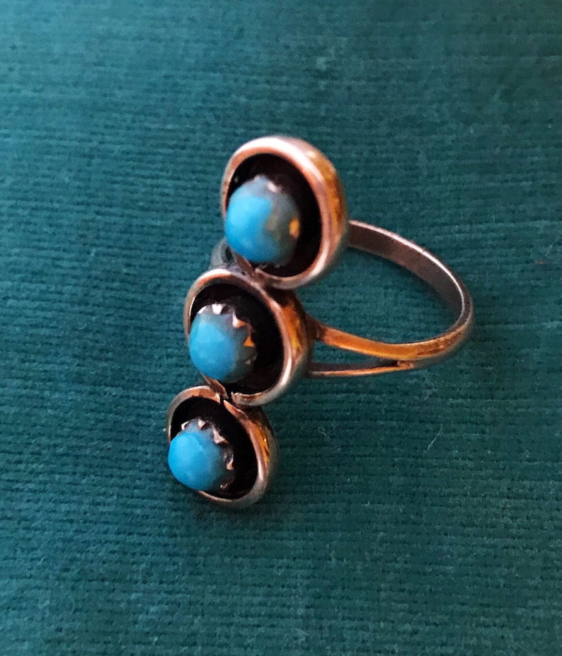 Vintage High Quality Morenci Turquoise Navajo Sterling Silver Stacked Three Cabochon Ring Size 6 14