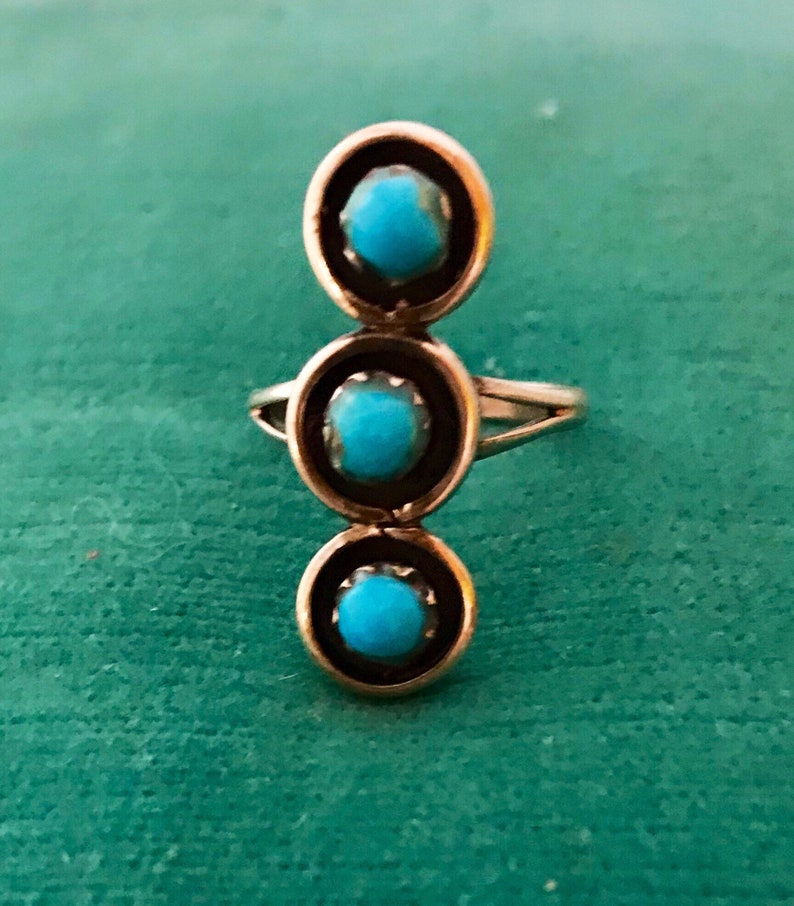 Vintage High Quality Morenci Turquoise Navajo Sterling Silver Stacked Three Cabochon Ring Size 6 14