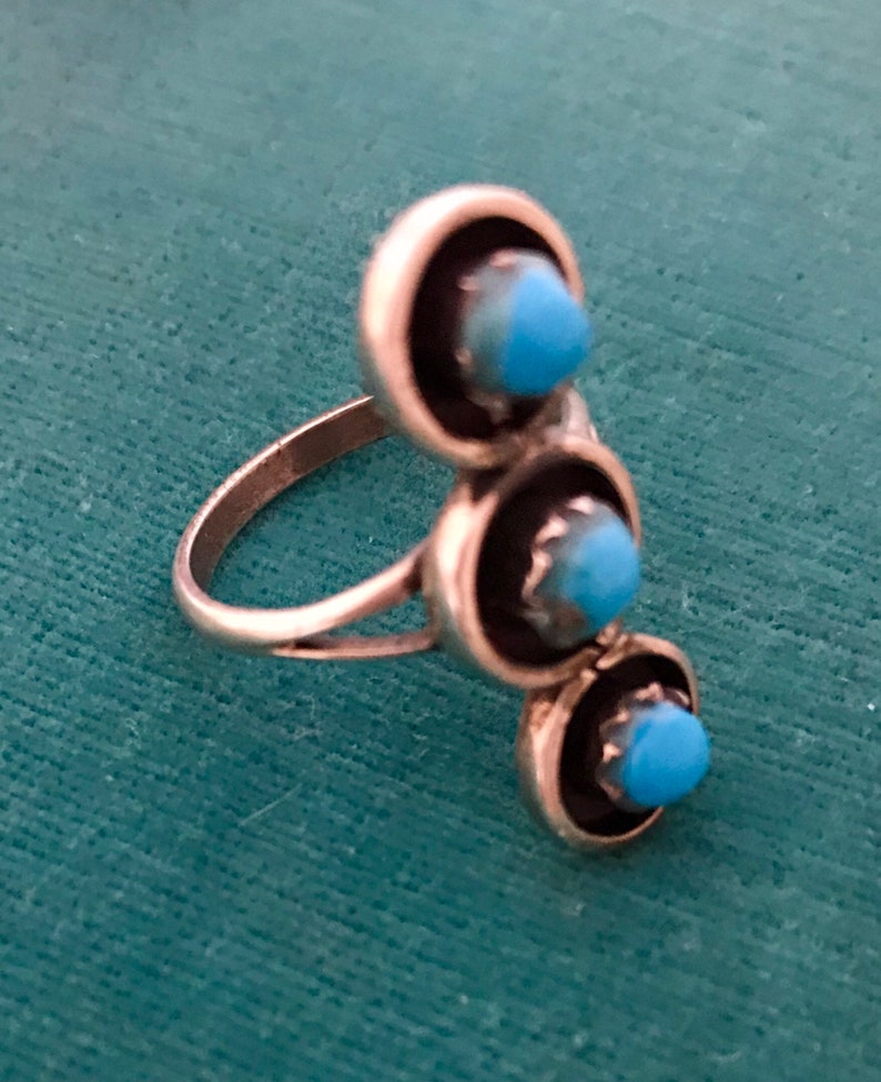 Vintage High Quality Morenci Turquoise Navajo Sterling Silver Stacked Three Cabochon Ring Size 6 14