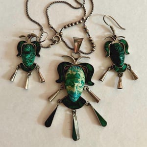 Vintage Taxco Mexican Malachite Sterling Silver Mayan Warrior Chandelier Necklace Pendant with Dangle Earrings