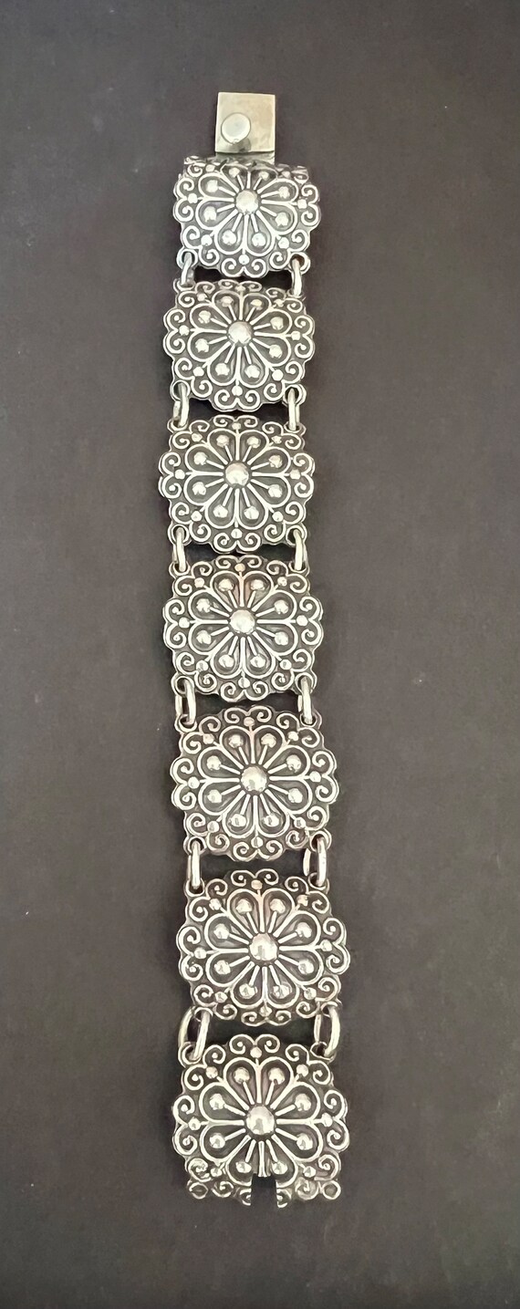 Vintage Sterling Silver Floral Mexican Link Brace… - image 5