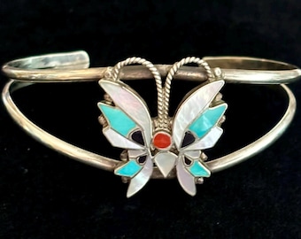 Wallace Vintage Native American Zuni Turquoise Coral Sterling Silver Butterfly Bracelet Wallace Vintage Native American Zuni Turquoise Coral Sterling Silver Butterfly Bracelet