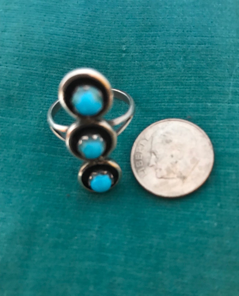 Vintage High Quality Morenci Turquoise Navajo Sterling Silver Stacked Three Cabochon Ring Size 6 14
