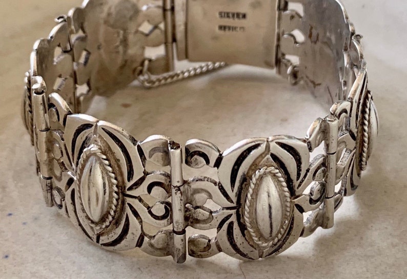 Large Vintage 1940\u2019s Mexican Sterling Silver Coffee Bean Panel Bracelet