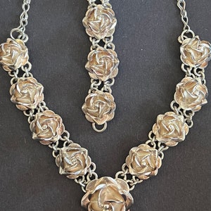 Vintage TAXCO Sterling Silver Repousse Rose Mexican Necklace and Bracelet