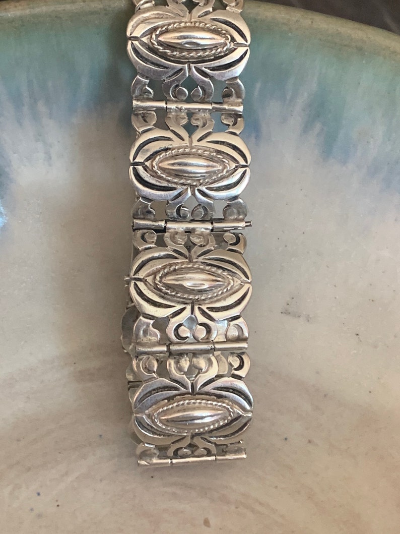 Large Vintage 1940\u2019s Mexican Sterling Silver Coffee Bean Panel Bracelet