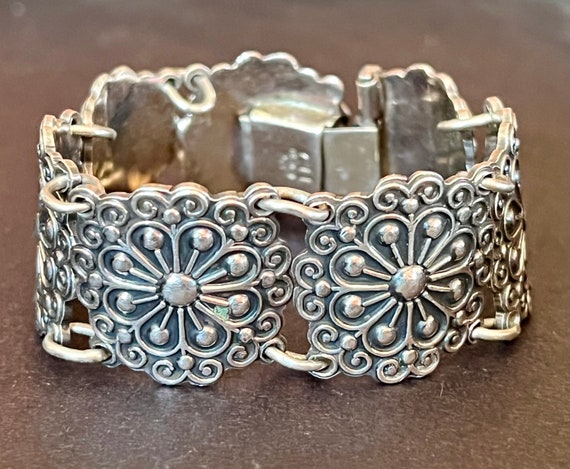 Vintage Sterling Silver Floral Mexican Link Brace… - image 4