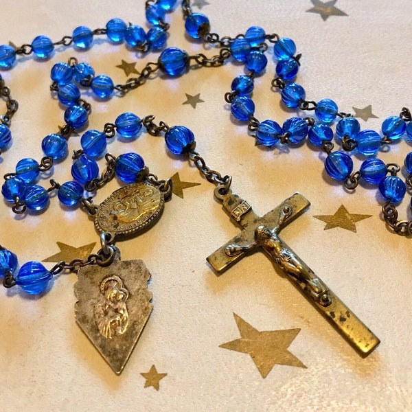 Vintage 1930s Our Lady of Mt Carmel Cobalt Blue Glass Bead Rosary with Extra Medal