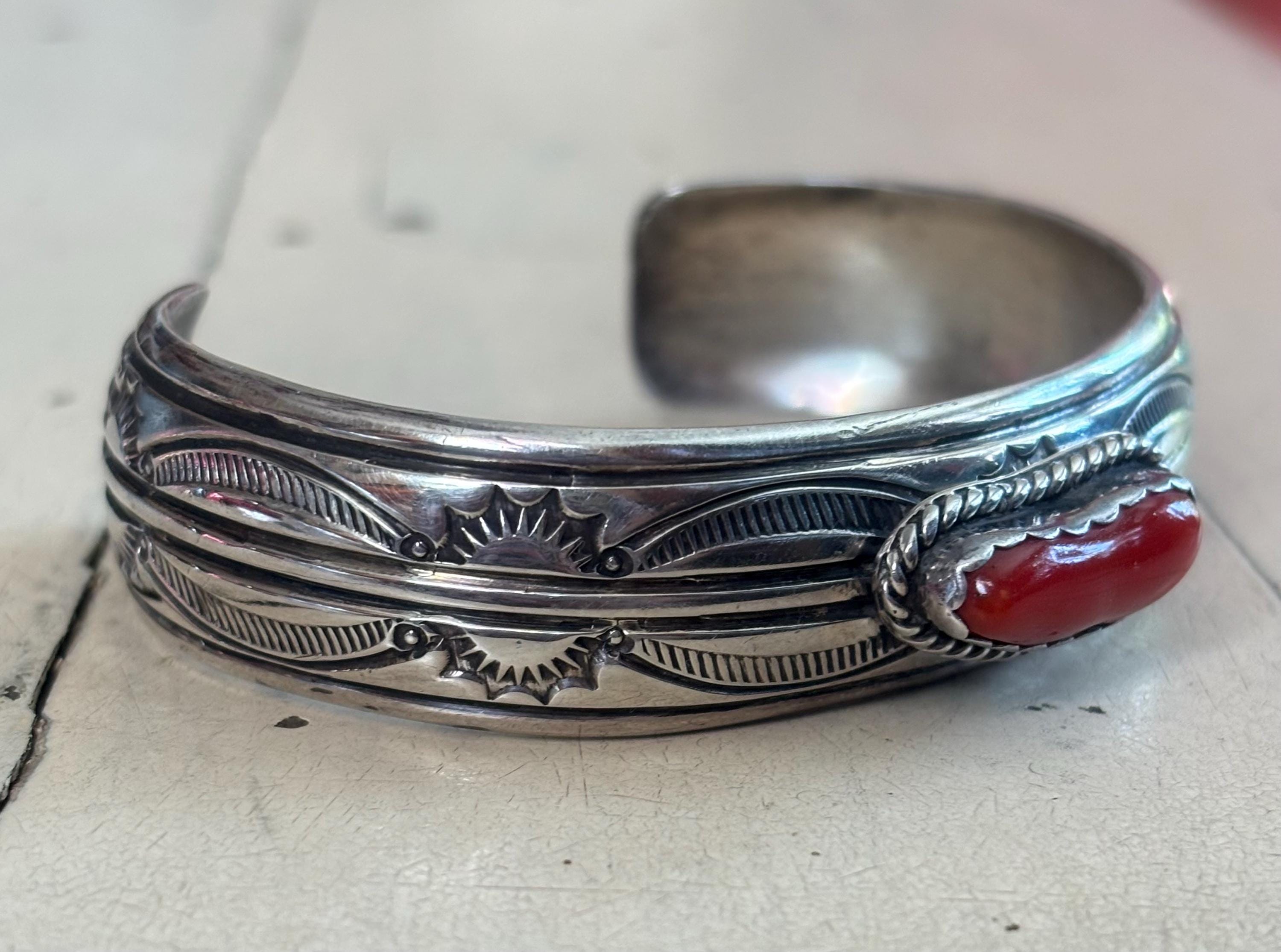 Vintage Navajo Stamped Sterling Silver Coral Signed Cuff Bracelet - Etsy