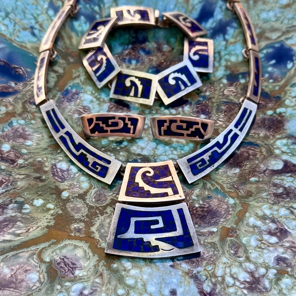 Vintage HEAVY TAXCO Mexican Sterling Silver Chipped Lapis Lazuli Inlay Necklace and Bracelet and Earrings  130 grams Total!