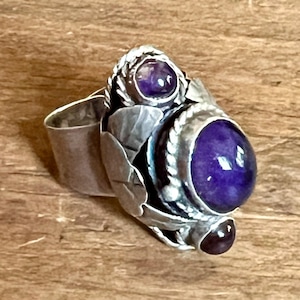 Vintage TAXCO  Amethyst Sterling Sterling  Adjustable Mexican Eagle 1 Poison Ring