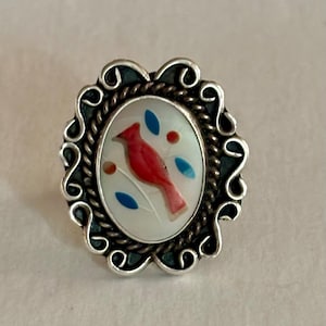 Vintage Zuni Sterling Silver Mother of Pearl Lapis Coral Inlay Cardinal Bird Ring