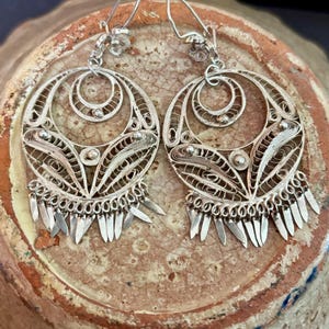 LARGE Antique Oaxaca Sterling Silver Traditional Filigree Chandelier Mexican Earrings