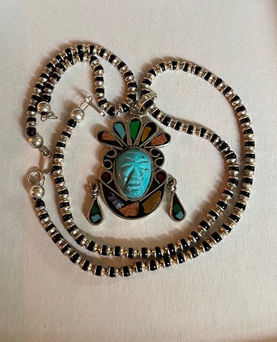 Vintage Mexican Sterling Silver Turquoise Aztec M… - image 1