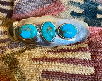 Vintage J. WRIGT Sterling Silver with Three Large Cabachons Turquoise Hair Barrette