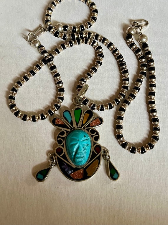 Vintage Mexican Sterling Silver Turquoise Aztec M… - image 3