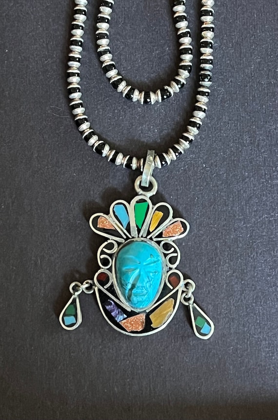 Vintage Mexican Sterling Silver Turquoise Aztec M… - image 4