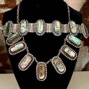 Antique Pre Eagle mark TAXCO Sterling Silver Abalone Mexican Necklace and Bracelet