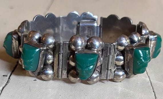 Antique Taxco Pre Eagle mark Sterling Silver Carved Onyx Aztec Warrior Heavy Link Bracelet