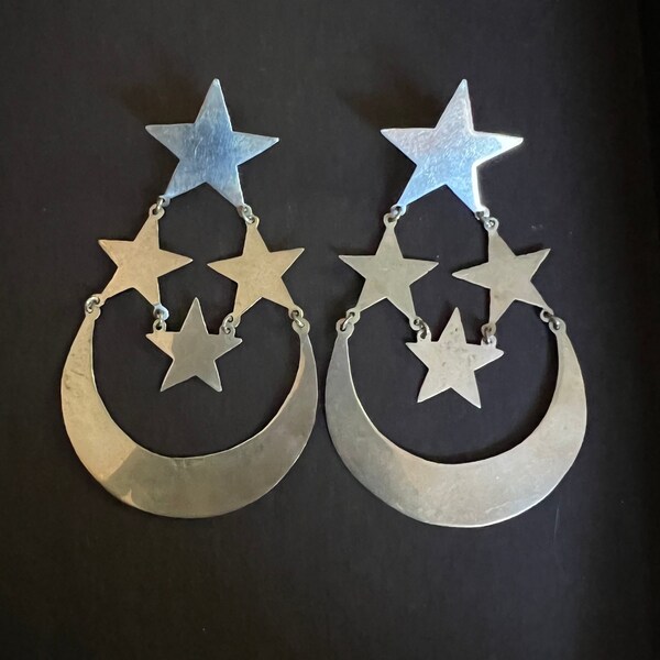 HUGE TAXCO Sterling Silver Light Weight Moon and Star Dangle Post Earrings