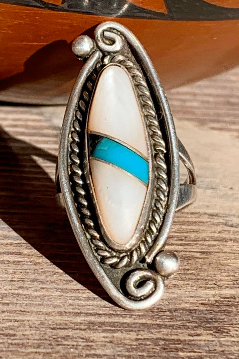 Vintage Zuni Sterling Silver Mother of Pearl Turquoise Inlay Ring - Etsy