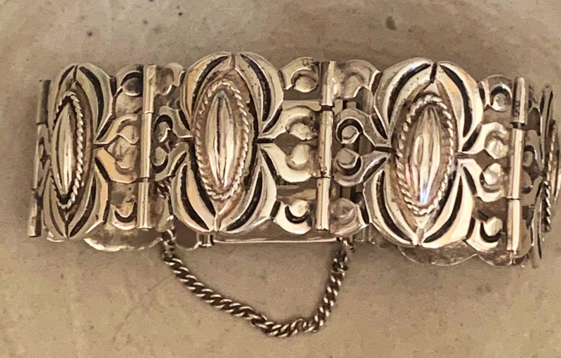 Large Vintage 1940\u2019s Mexican Sterling Silver Coffee Bean Panel Bracelet